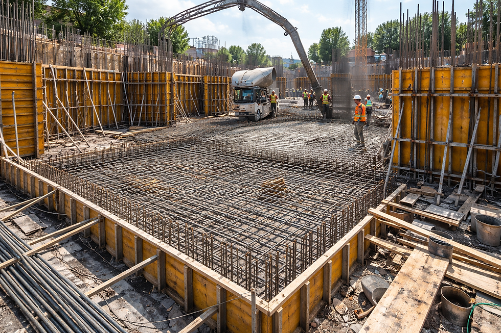 Reinforced concrete foundation with dense rebar installation and yellow formworks prepared for cast-in-place concrete pour.