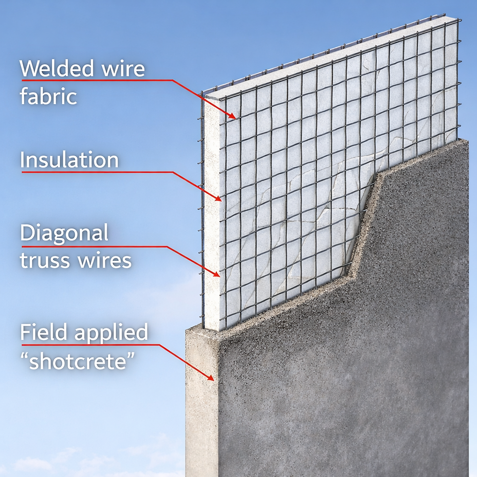 Detailed 3D sandwich panel construction diagram with steel wire fabric, insulation core, and field-applied shotcrete finish.