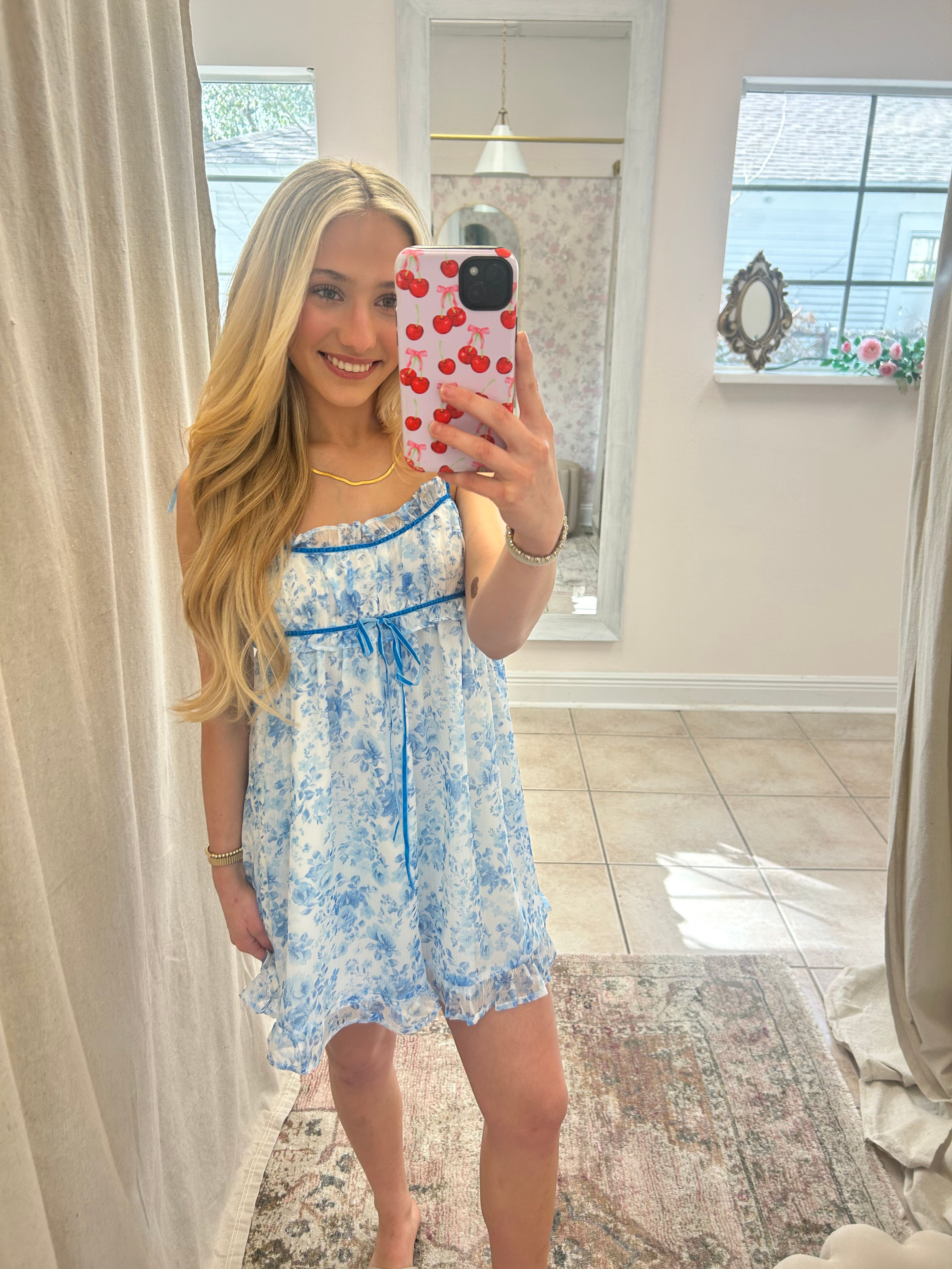 Blue Floral Ruffle Mini Dress 