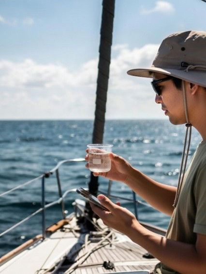 Figure 2. Conceptual Illustration of Portable Offshore Microplastic and Nanoplastic Testing. Representative depiction of a user performing decentralized water analysis aboard a vessel using a sample cup and smartphone-based workflow. The image highlights the potential for field deployment beyond laboratories, including marine, coastal, offshore, boating, fisheries, research, and remote monitoring environments where rapid on-site screening may be more practical than centralized sample transport and delayed analysis.