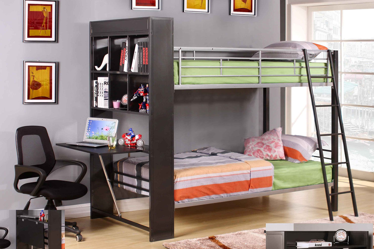 Twin / Twin Metal Bunk Bed with Pull Out Desk
