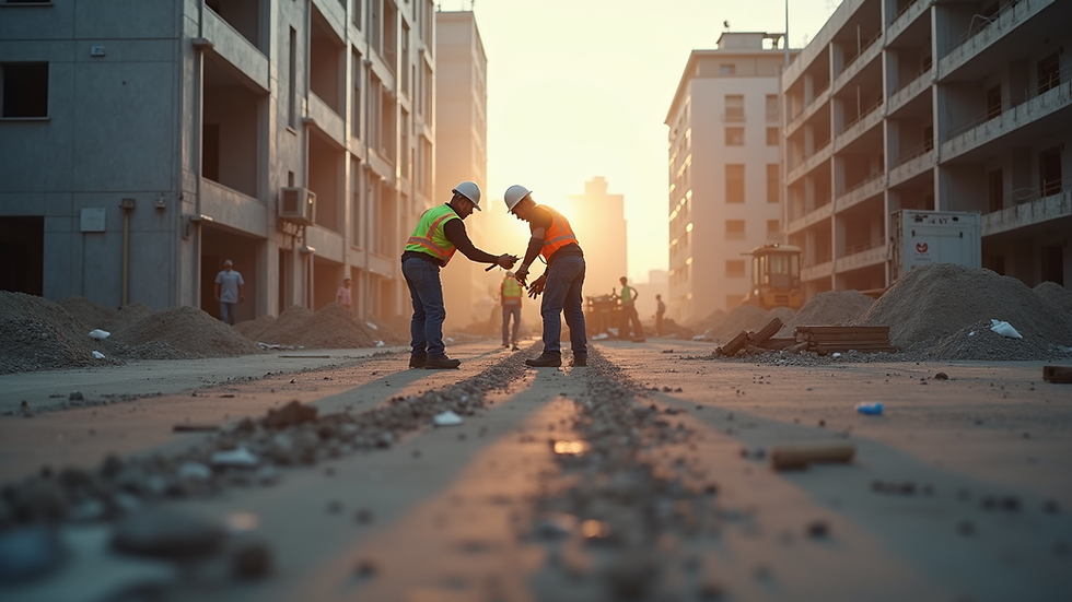 Eye-level view of a construction site with workers collaborating
