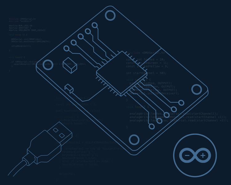 Illustration d'une carte Arduino simplifiée et du logo Arduino