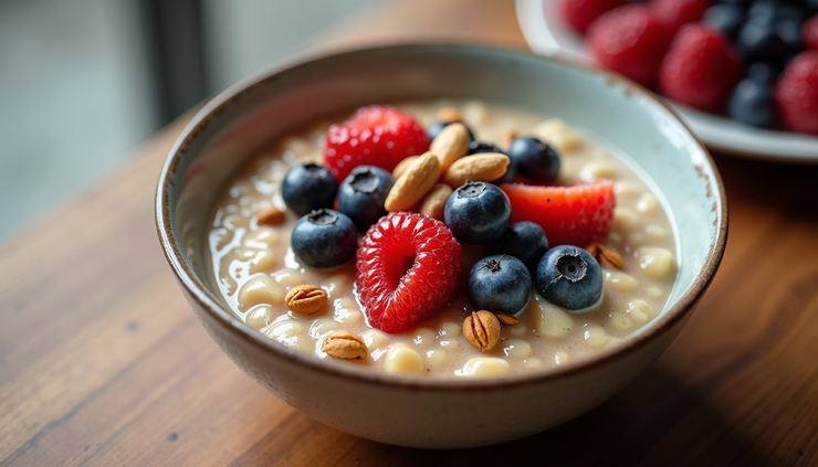 Close-up view of a bowl of oatmeal topped with fresh berries and nuts
