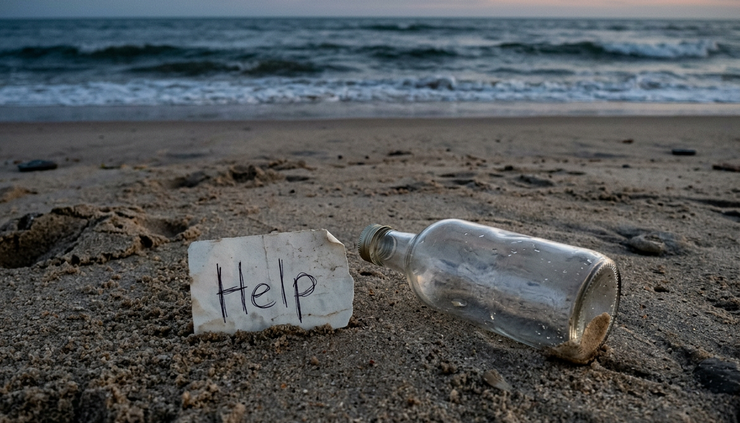 Eye-level view of a handwritten note beside an empty glass bottle on sand.