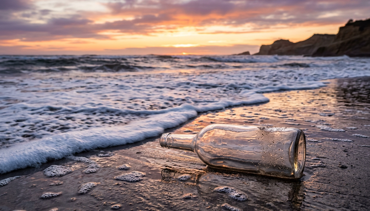 Wide-angle view of a glass bottle resting near ocean waves at sunset.