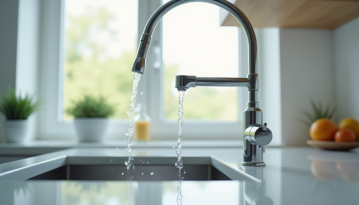 Eye-level view of modern kitchen faucet with clear water flowing