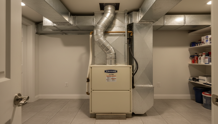 Close-up view of an older metal furnace flue connected to a home heating system