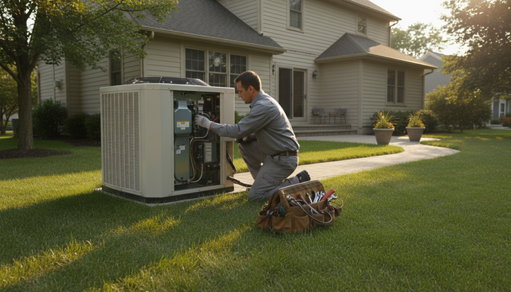 Eye-level view of a technician checking an outdoor air conditioning unit beside a home