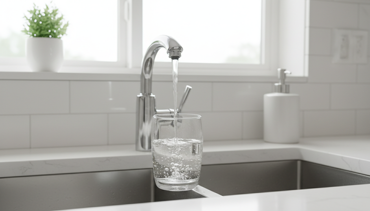Eye-level view of a kitchen faucet filling a clear glass with drinking water.