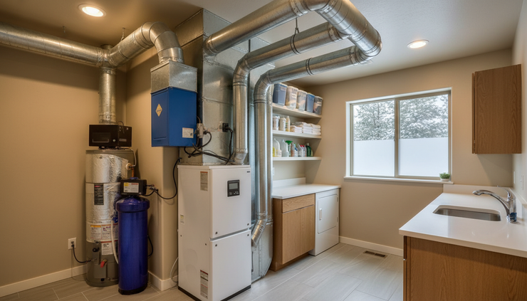Wide-angle view of a utility room with a residential furnace and clean ductwork