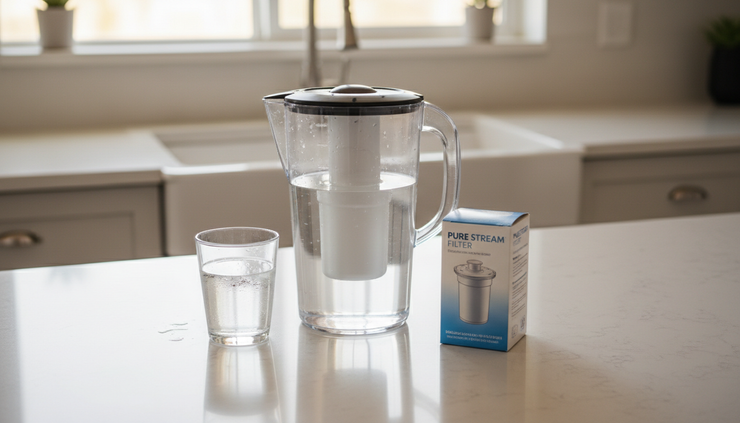 Top-down view of a home water filter pitcher beside a filled glass on a kitchen counter.