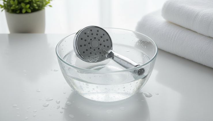 Top-down view of a showerhead soaking in a bowl of cleaning solution