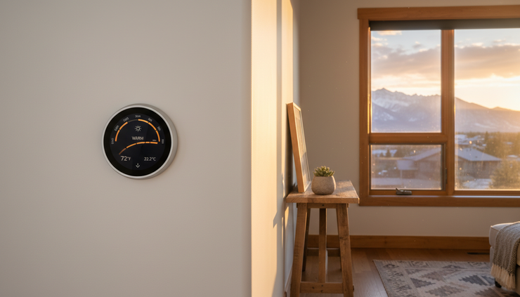 Eye-level view of a smart thermostat set for evening energy savings in a Colorado home