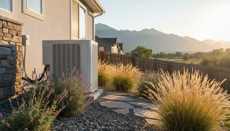 Low-angle view of an outdoor air conditioner beside a Colorado house.