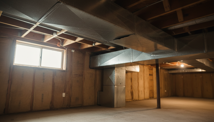 Low-angle view of metal ductwork running through a basement ceiling