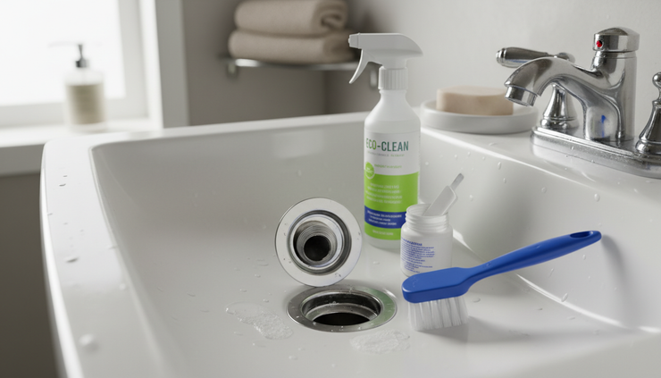 Eye-level view of an open bathroom sink drain with a small cleaning brush beside it