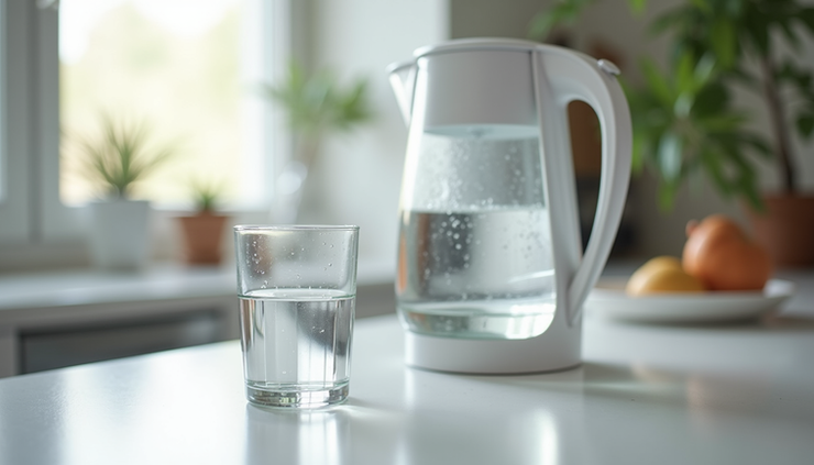 Eye-level view of a clear glass of filtered water on a kitchen counter with a water filter pitcher nearby