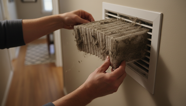 Close-up view of a dirty residential HVAC air filter being pulled from a return vent
