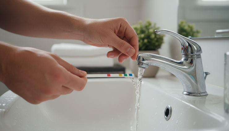 Wide-angle view of a person holding a water test strip near a sink