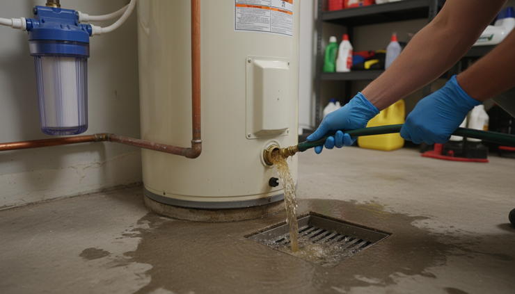 Eye-level view of a technician flushing water from a residential water heater into a floor drain