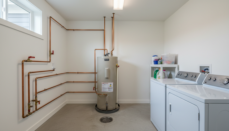 Wide-angle view of a clean laundry room with a water heater and exposed plumbing lines