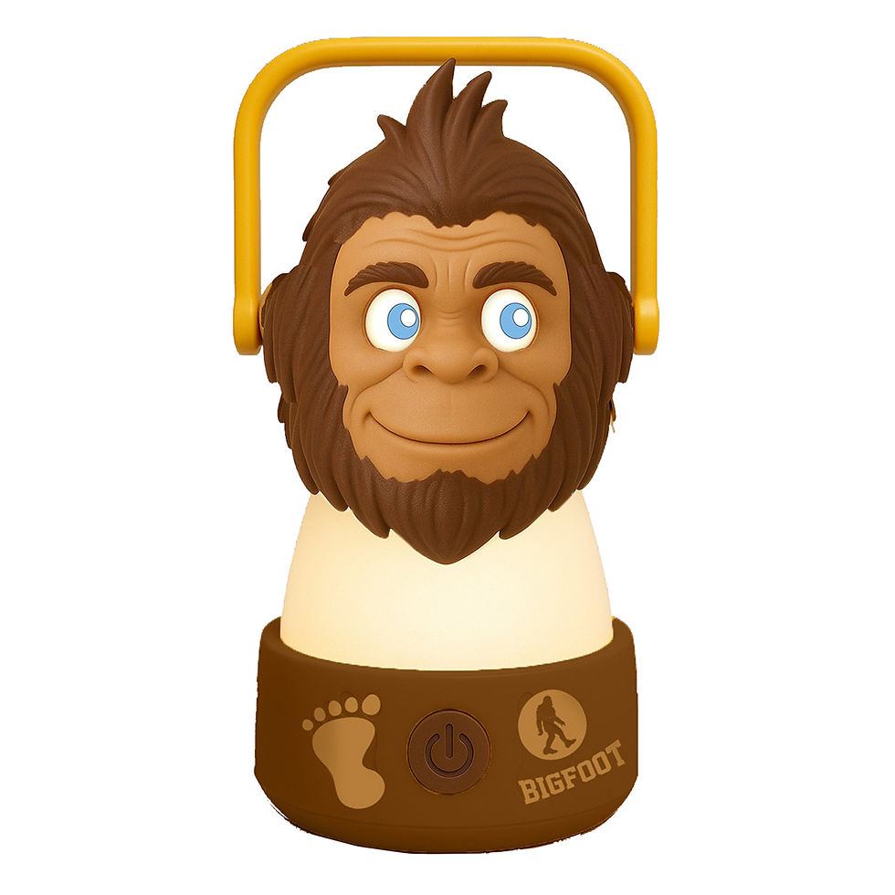 Bigfoot LED camping lantern with friendly Sasquatch face and warm glowing light, portable lantern for camping, RVs, and kids