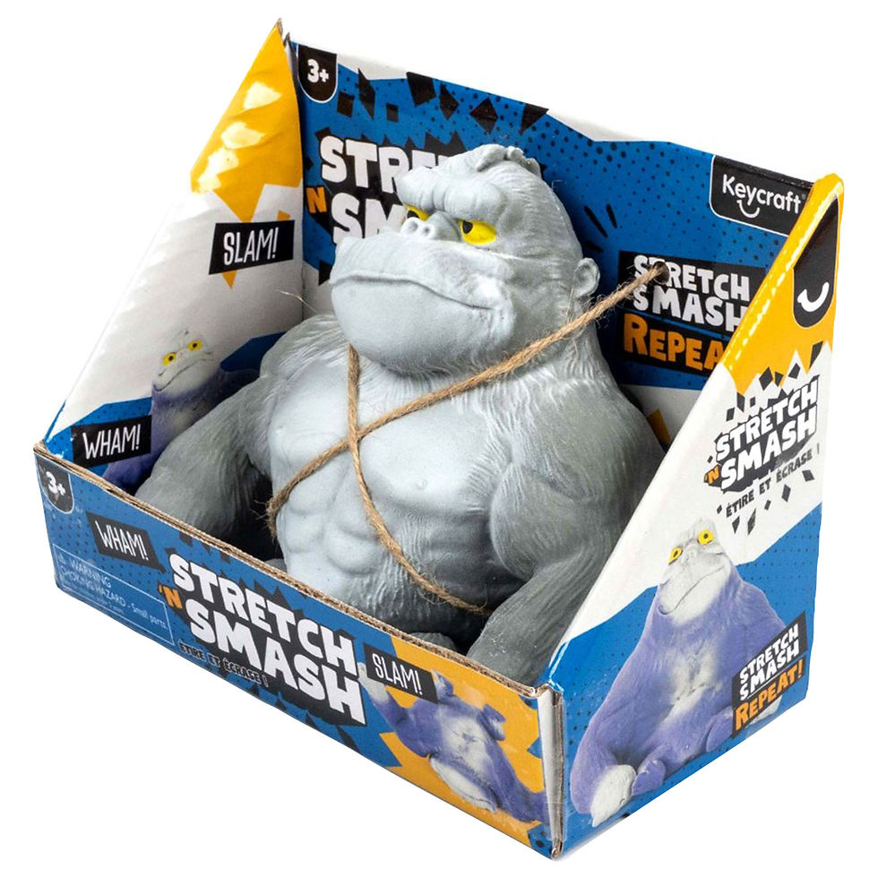 Stretch-N-Smash Gorilla squishy stress toy displayed in retail packaging with bold blue and yellow graphics