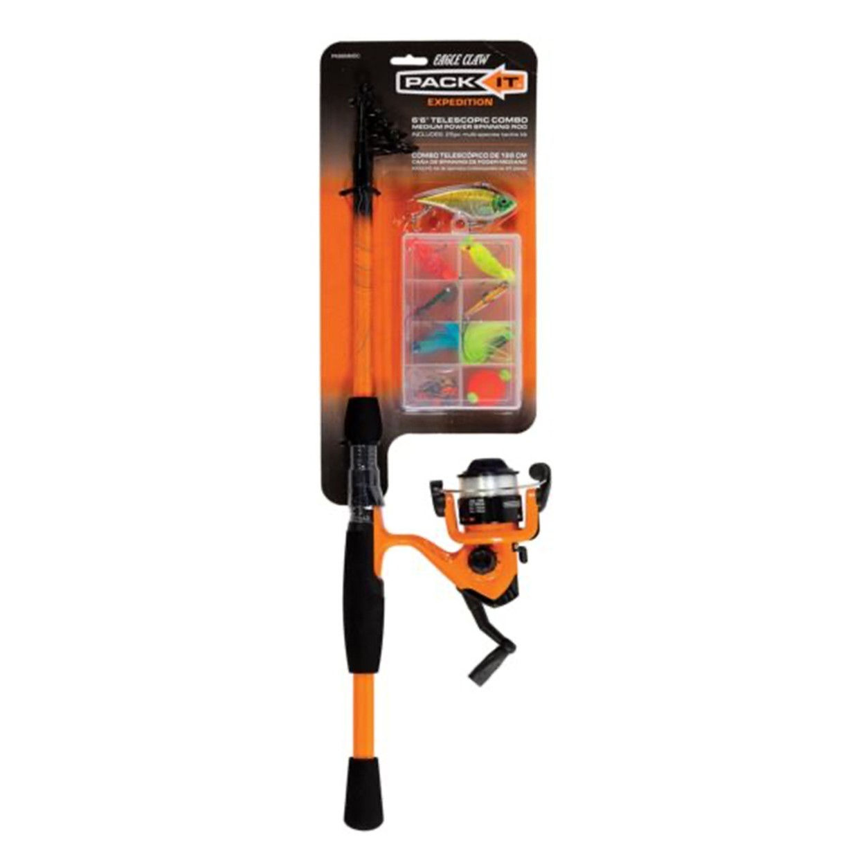 Pack-It Expedition telescopic fishing combo with included 25-piece tackle set packaged on display card