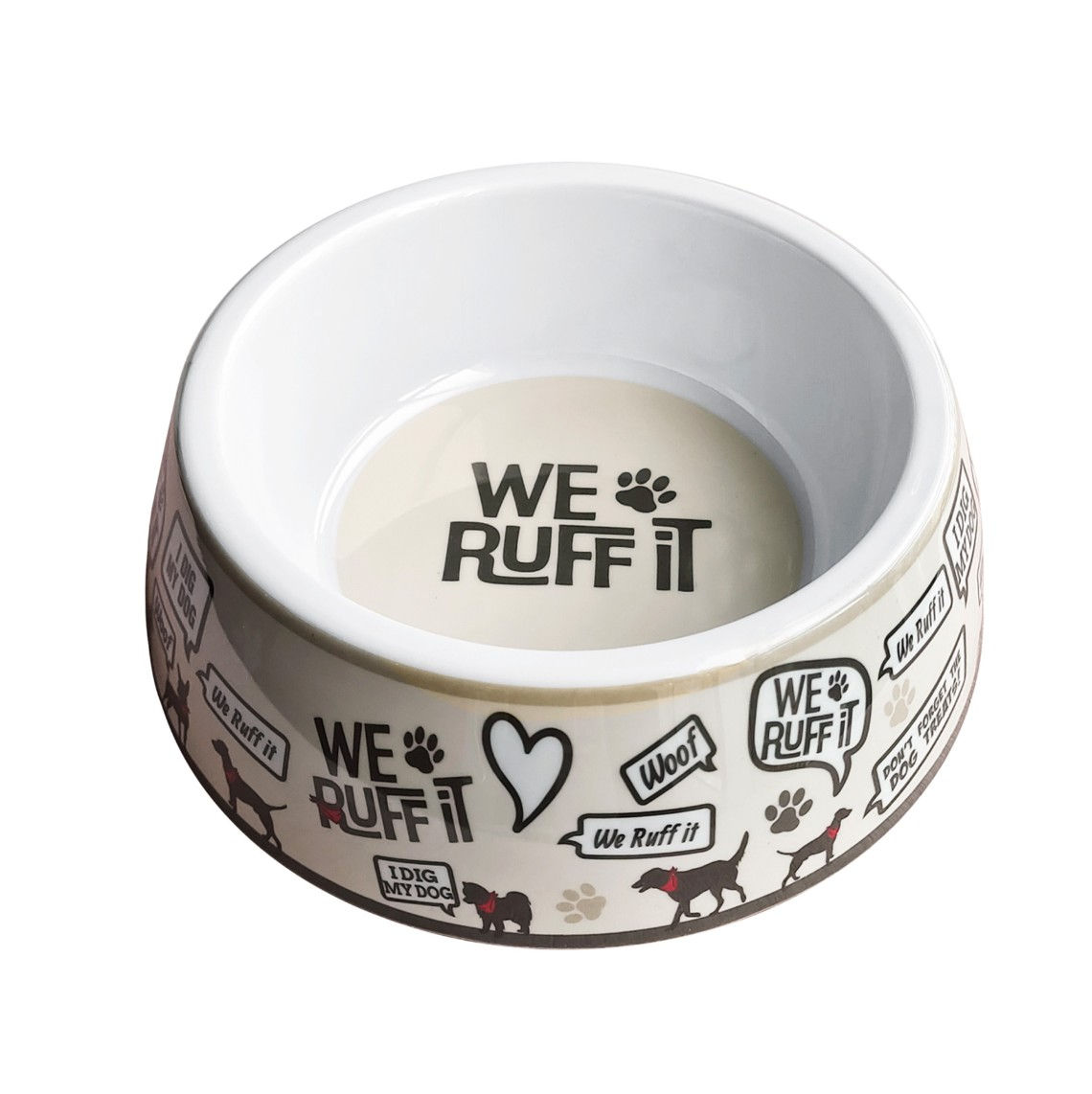Ceramic dog bowl with We Ruff It adventure graphics and non-slip base, top view.