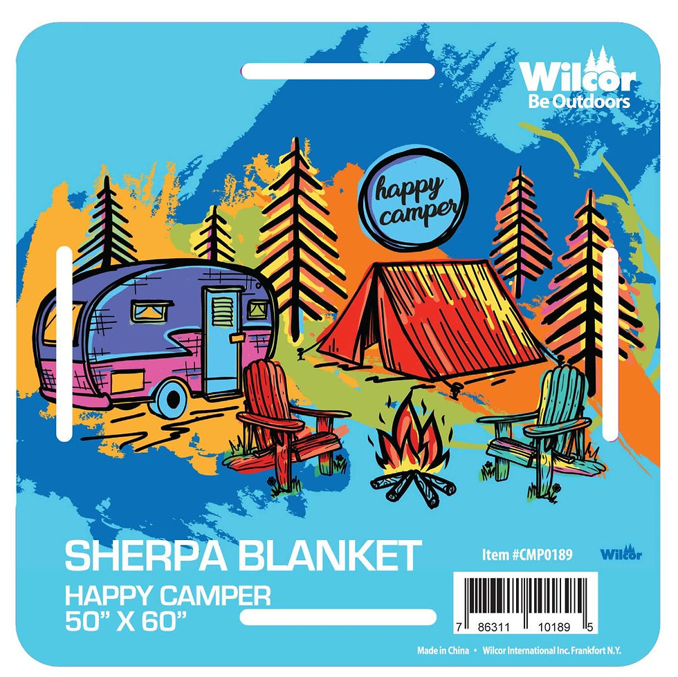 Happy Camper Scene Sherpa blanket featuring a colorful camper, tent, campfire, and pine trees