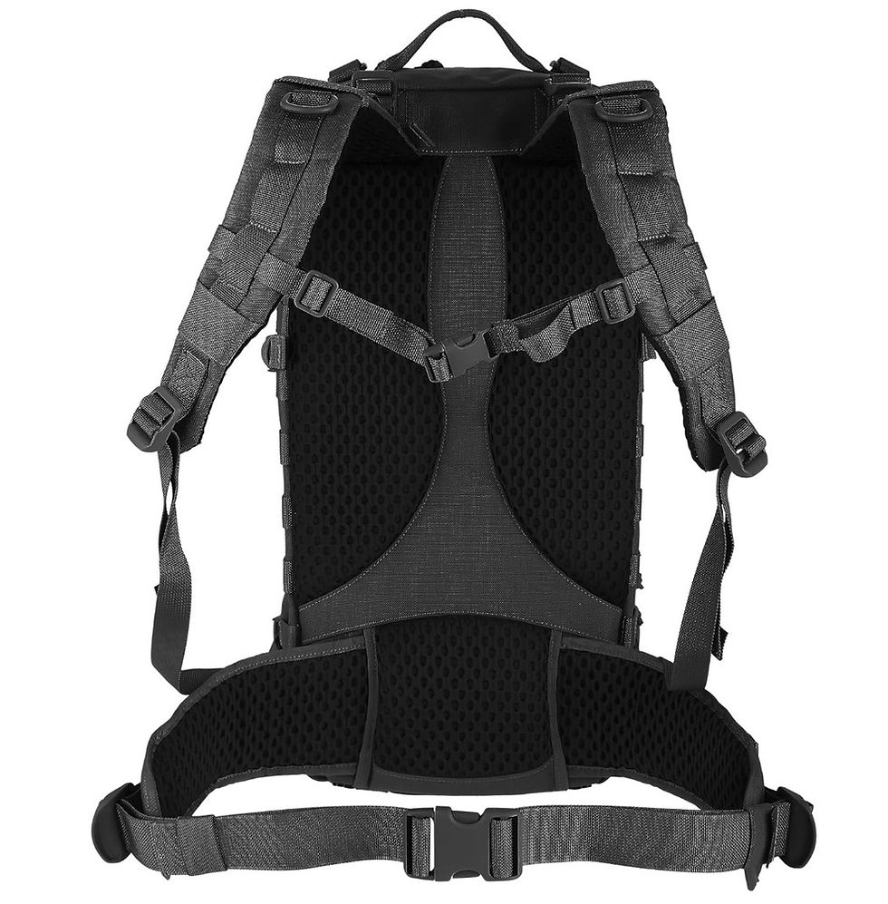 Rear view of Maxpedition Gyrfalcon Black backpack showing padded straps and harness system.
