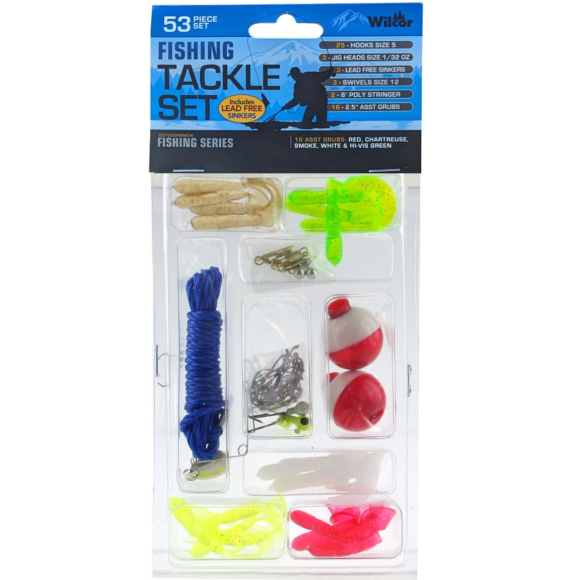 53-Piece Fishing Tackle Set with hooks, jig heads, grubs and lead-free sinkers in clear clamshell package.