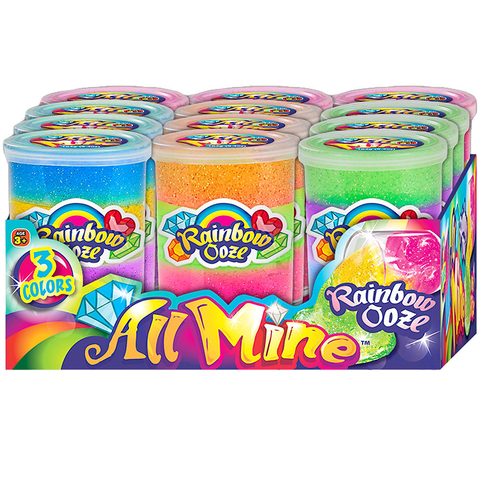 Rainbow Ooze All-Mine glitter slime display with multiple jars featuring layered pink, blue, green, and orange colors