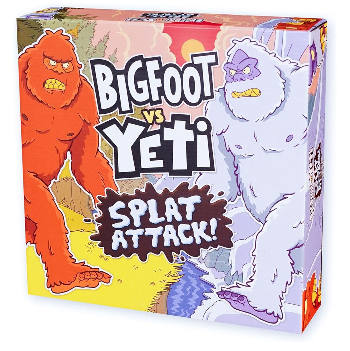 Bigfoot vs Yeti Splat Attack family game box featuring cartoon Bigfoot and Yeti facing off in a playful battle