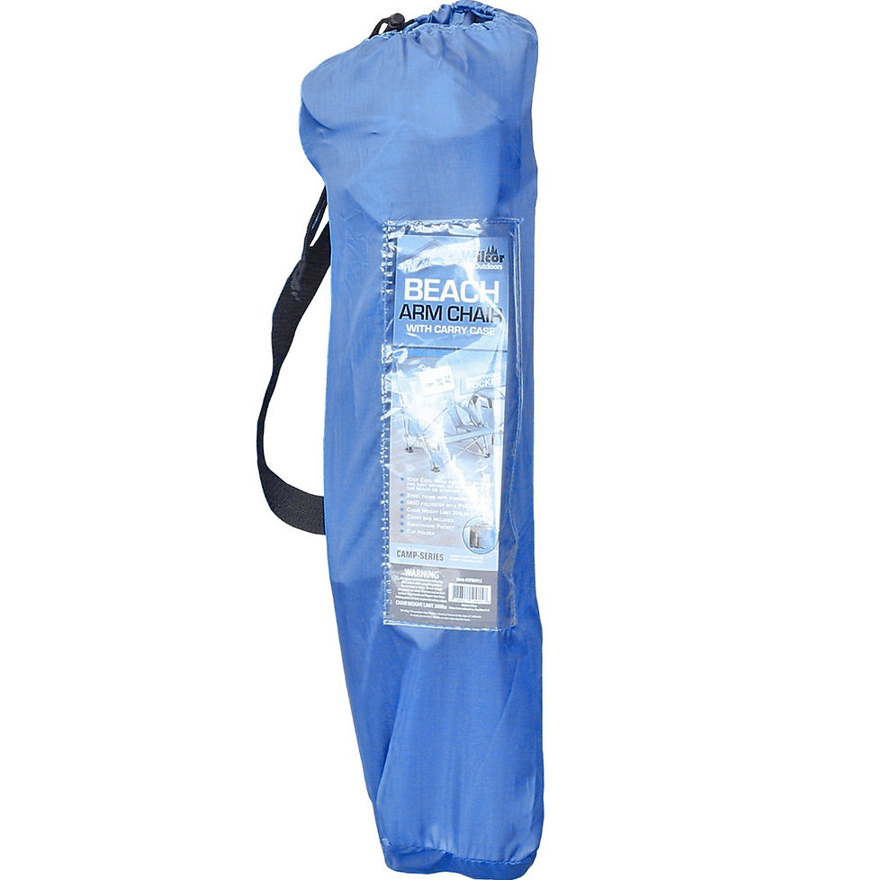 Thumbnail: Blue Wilcor beach arm chair folded inside matching carry bag with shoulder strap.