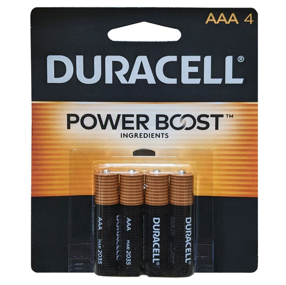 Duracell AAA Power Boost Batteries 4-Pack in retail packaging with copper-top design.
