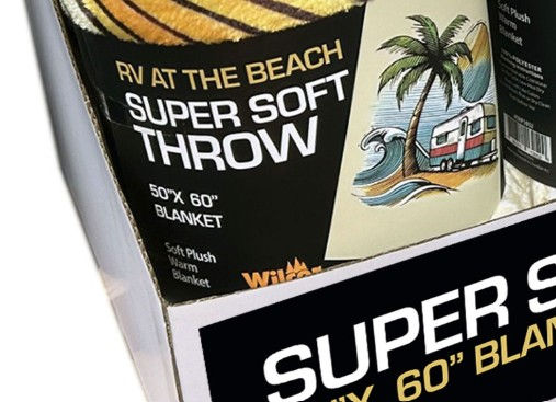 Super soft RV at the beach throw blanket with palm tree, ocean waves, and vintage camper illustration