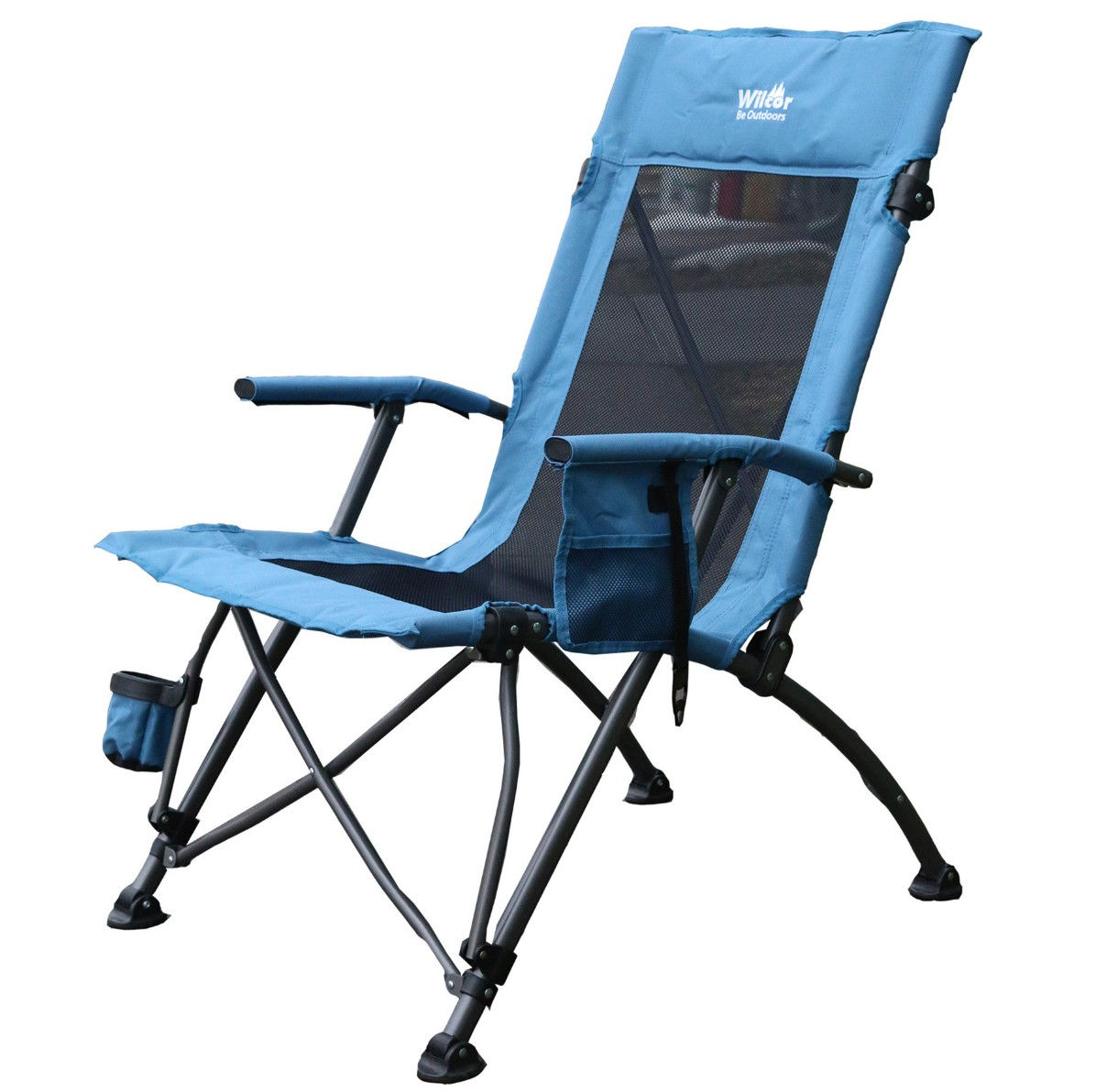 Blue deluxe mesh camp chair fully opened with breathable mesh back and armrests