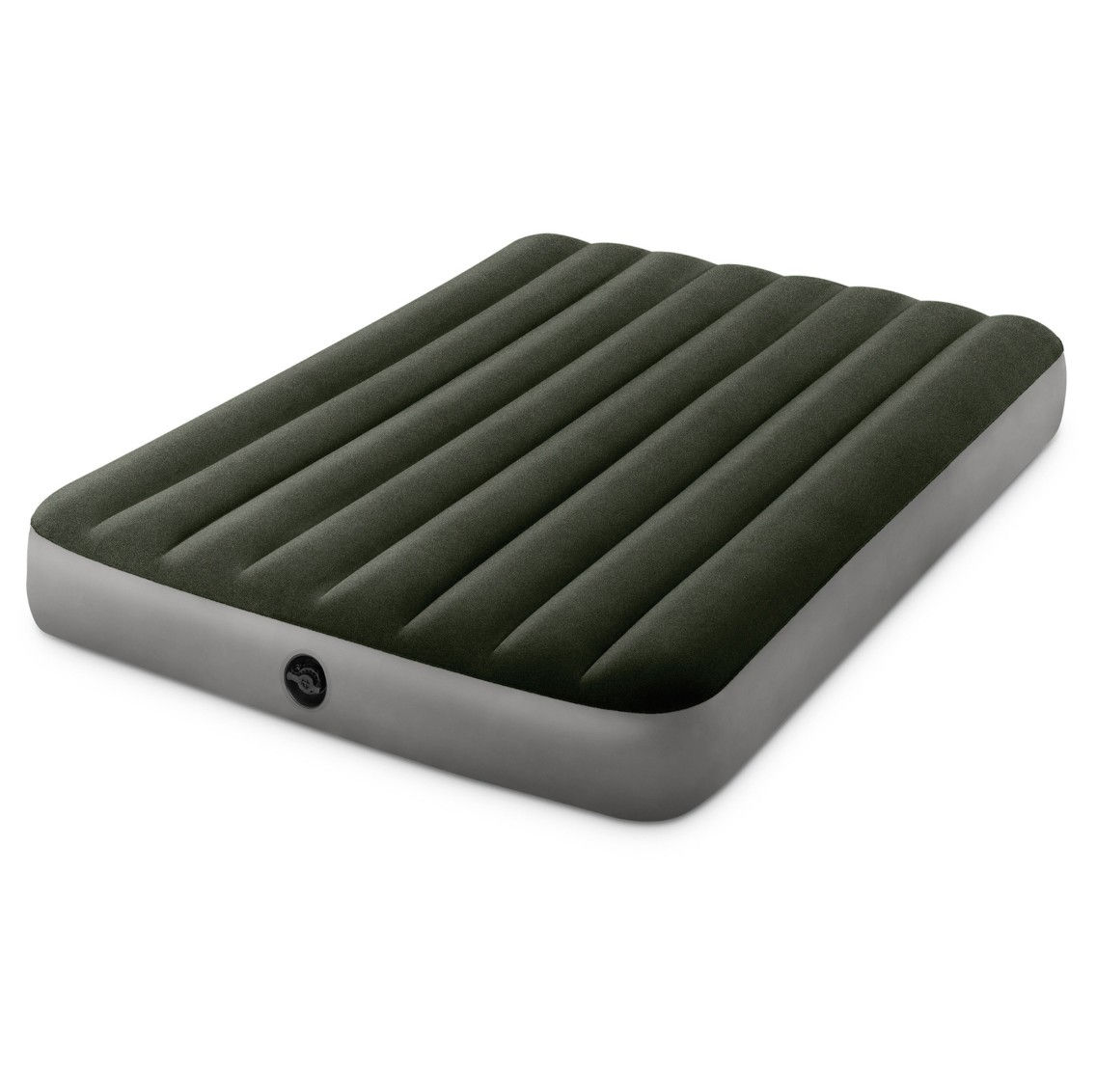 Full-size Intex Prestige Downy air mattress with green velvety top and Dura-Beam construction.