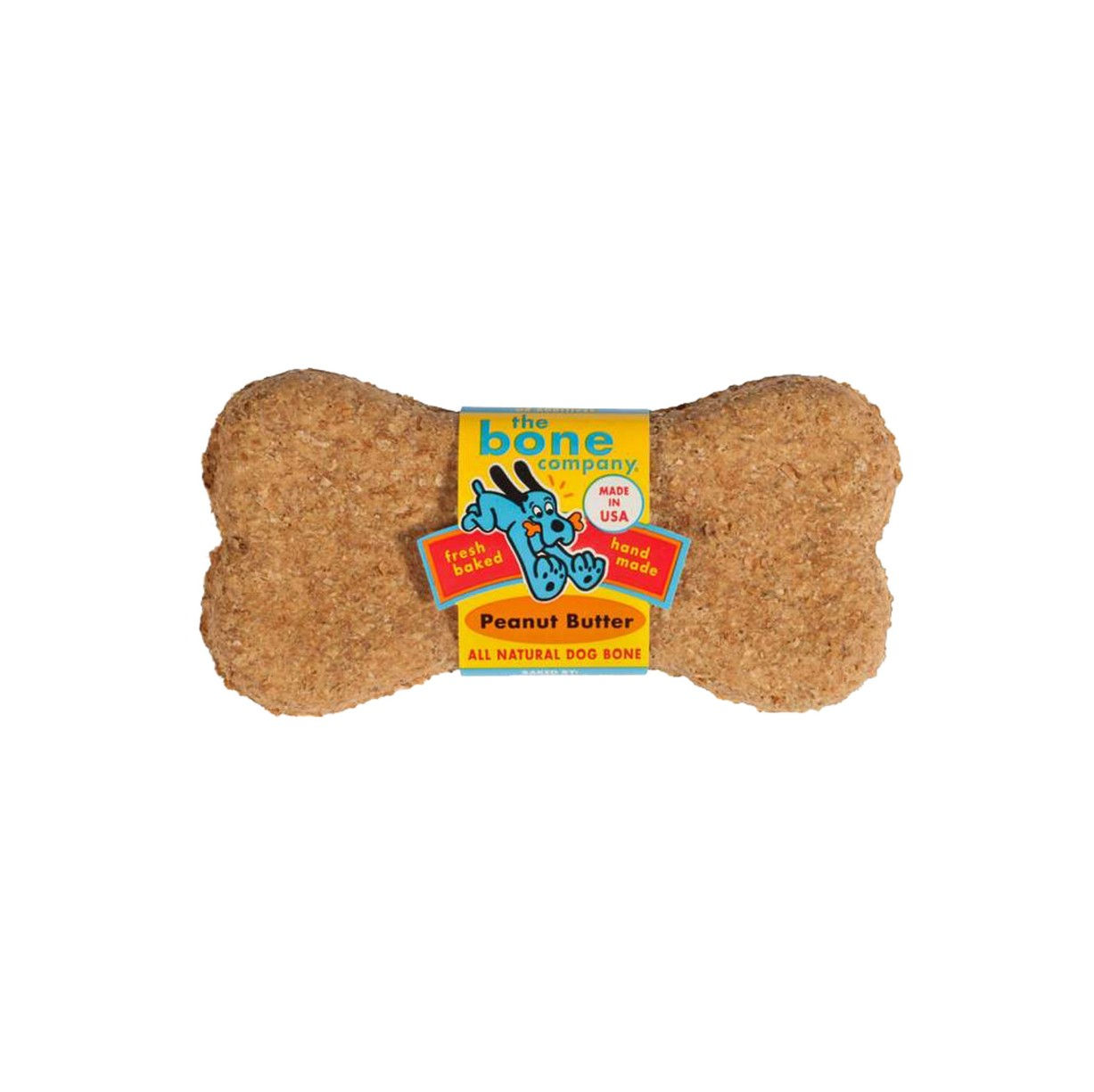 Single handmade peanut butter dog bone treat with colorful The Bone Company label.