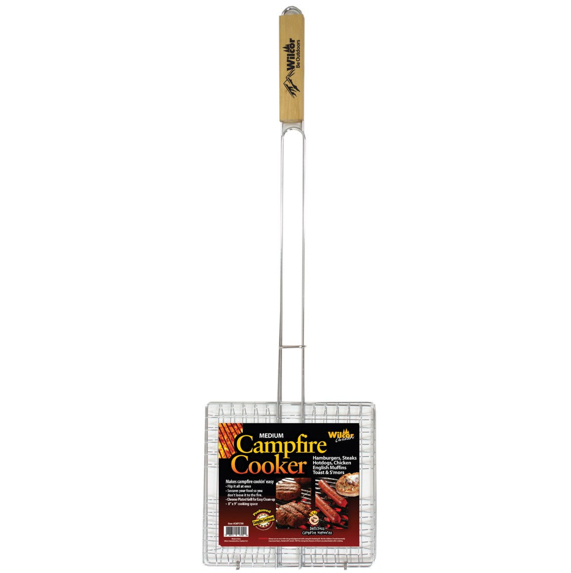 Medium adjustable campfire cooker with chrome basket and wooden handle for grilling over fire.