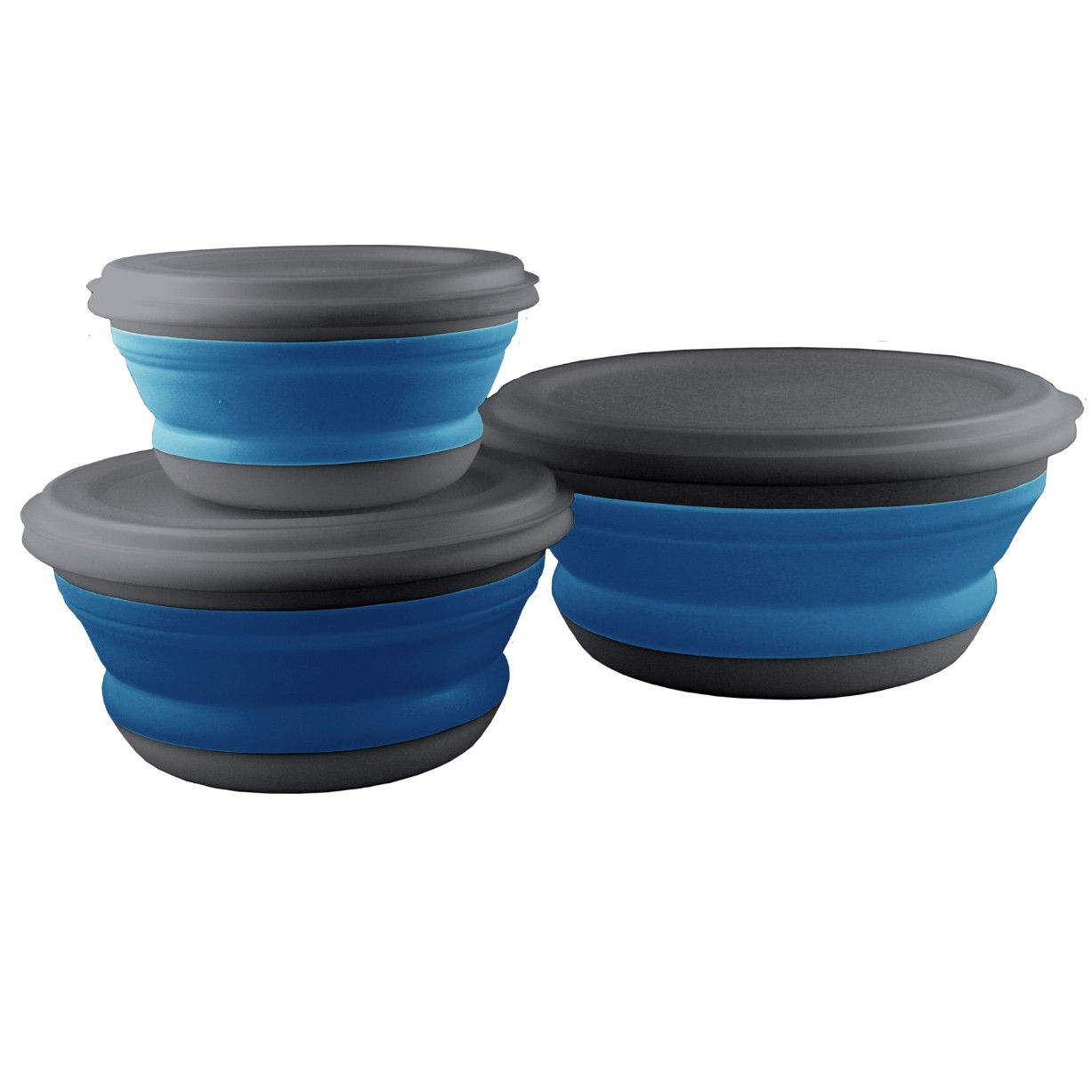 Three blue and grey silicone collapsible camping bowls with lids in small, medium, and large sizes
