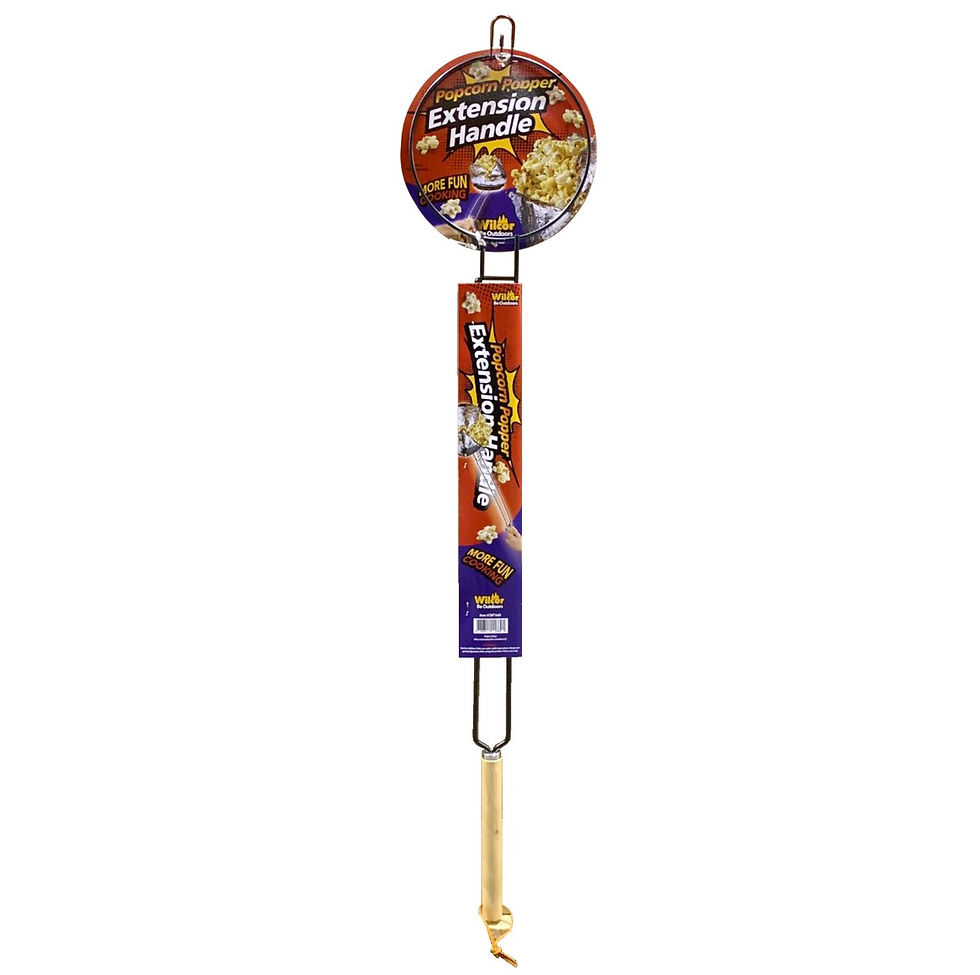 Campfire popcorn popper with extra-long extension handle designed for Jiffy Pop tins, shown in full retail packaging