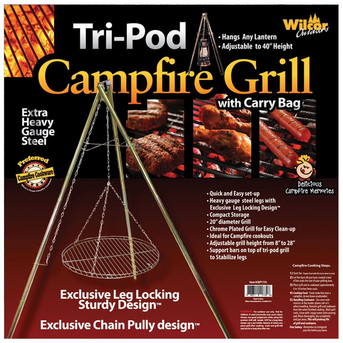 Tri-Pod Campfire Grill in black carrying bag with product label showing steel tripod and grilling food