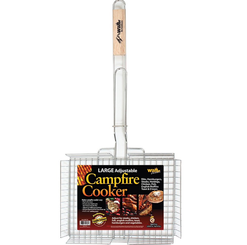 Wilcor Large Adjustable Campfire Cooker with locking basket and wooden handle for grilling over campfires.