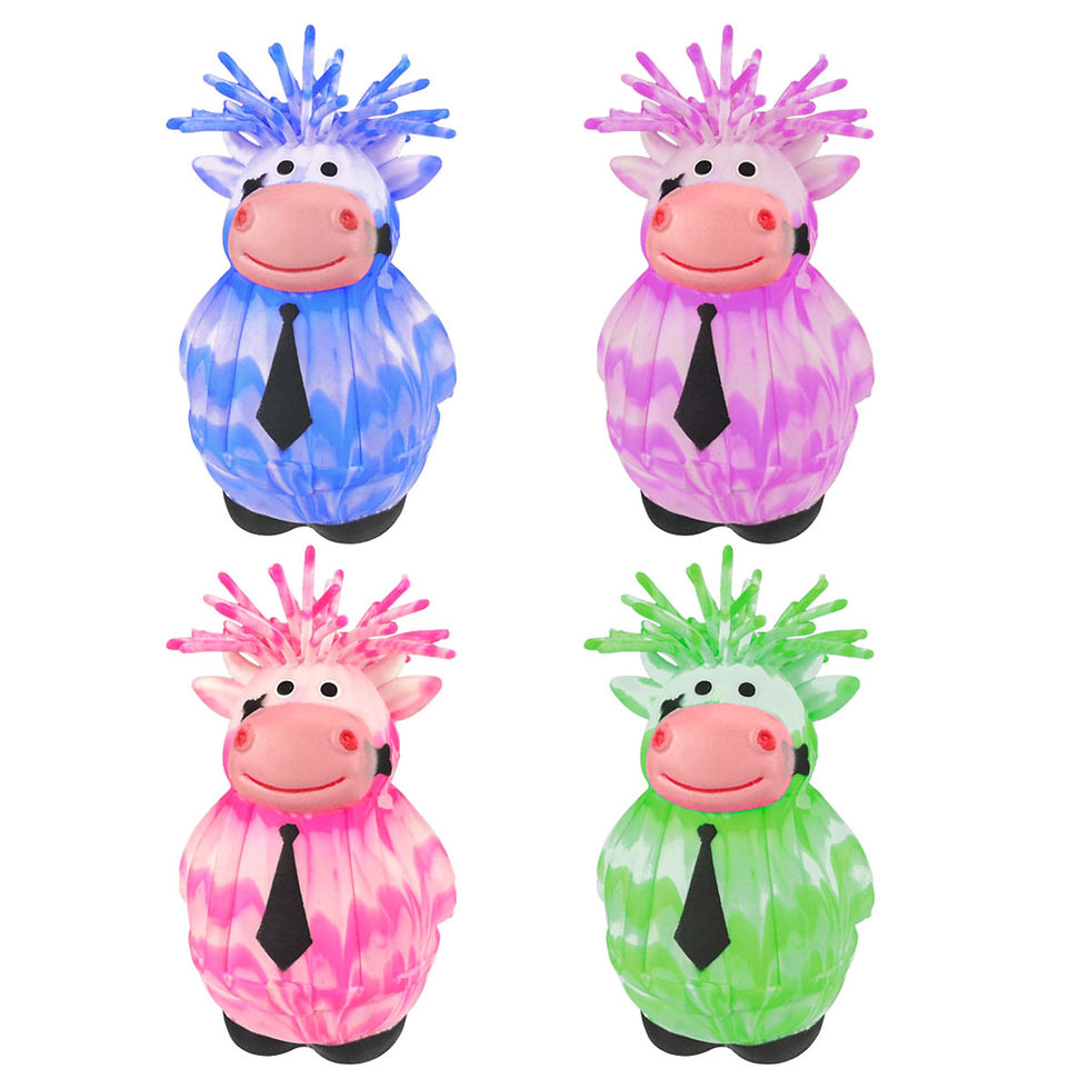Corporate Cow squishy stress toy display with colorful stretchy cows in retail box