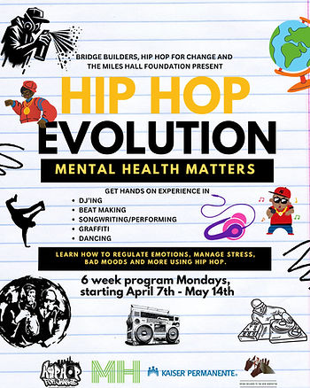 Poster for "Hip Hop Evolution: Mental Health Matters" program. Features DJ, graffiti, music elements on a lined paper background. Program details: April 7-May 14.