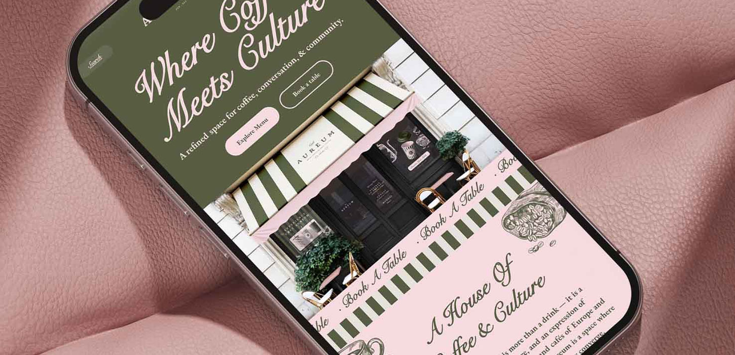 Café Aureum luxury café website design on mobile featuring elegant typography and brand identity by Ruby Signorelli, California branding designer.