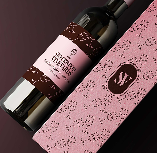 Silverwood Vineyards wine bottle and box set against a pink background rubysignorelli.com